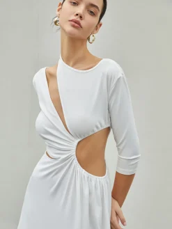 COMMENSE Cut Out Ruched Split Knit Maxi Dress* White Dresses|Casual Dresses