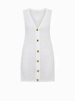 COMMENSE Cutout Button V-Neck Sweater Dress* White Dresses|Sweater Dresses
