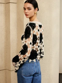 COMMENSE Cutout Crochet Flower Sweater* Sweater Tops|Sweaters & Cardigans