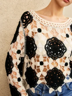 COMMENSE Cutout Crochet Flower Sweater* Sweater Tops|Sweaters & Cardigans