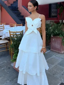 COMMENSE Cutout Flower Backless Long Dress* White Dresses|Cocktail & Party Dresses