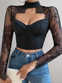 COMMENSE Cutout Lace Panel Corset Blouse* Corset Tops|Blouses & Shirts