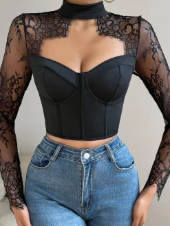 COMMENSE Cutout Lace Panel Corset Blouse* Corset Tops|Blouses & Shirts