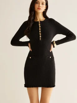 COMMENSE Cutout Lettuce Trim Sweater Dress* Black Dresses|Sweater Dresses