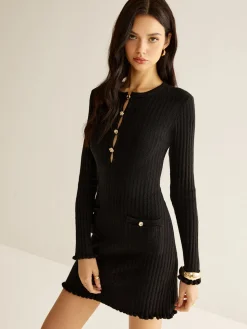 COMMENSE Cutout Lettuce Trim Sweater Dress* Black Dresses|Sweater Dresses