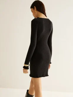 COMMENSE Cutout Lettuce Trim Sweater Dress* Black Dresses|Sweater Dresses