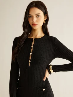 COMMENSE Cutout Lettuce Trim Sweater Dress* Black Dresses|Sweater Dresses