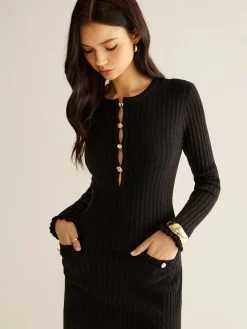 COMMENSE Cutout Lettuce Trim Sweater Dress* Black Dresses|Sweater Dresses