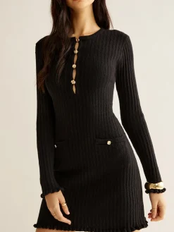 COMMENSE Cutout Lettuce Trim Sweater Dress* Black Dresses|Sweater Dresses