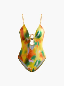 COMMENSE Cutout Metal Printed One Piece Swimsuit* Swimwear|Tops