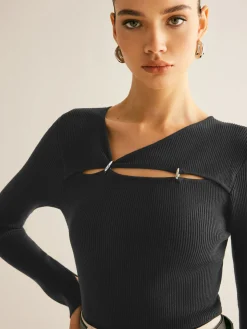 COMMENSE Cutout O-Ring Slim Knit Top* Sweater Tops|Sweaters & Cardigans