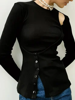 COMMENSE Cutout Panel Button Blouse* Blouses & Shirts|Tops