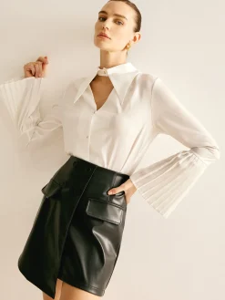 COMMENSE Cutout Plain Button Pleated Cuff Shirt* Blouses & Shirts