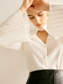 COMMENSE Cutout Plain Button Pleated Cuff Shirt* Blouses & Shirts