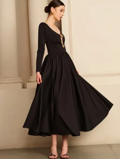 COMMENSE Cutout Pleated Panel Dress* Black Dresses|Casual Dresses