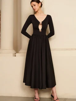 COMMENSE Cutout Pleated Panel Dress* Black Dresses|Casual Dresses