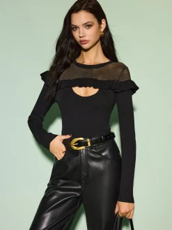 COMMENSE Cutout Ruffle Sheer Panel Knit Top* Knitwear|Tops