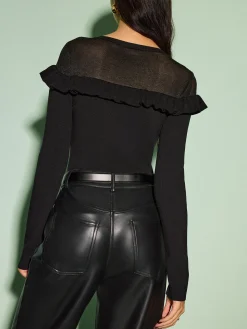 COMMENSE Cutout Ruffle Sheer Panel Knit Top* Knitwear|Tops