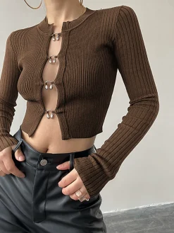COMMENSE Cutout Split Beads Detail Ribbed Knit Top* Sweater Tops|Sweaters & Cardigans
