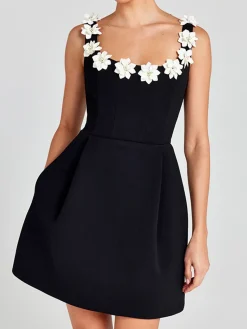 COMMENSE 3D Flower Back Zipper Tank Dress* Black Dresses|Casual Dresses