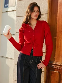 COMMENSE 3D Flower Button Pleated Cardigan* Cardigans|Sweaters & Cardigans