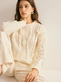 COMMENSE 3D Flower Cable-Knit Pullover Sweater* Sweater Tops|Sweaters & Cardigans