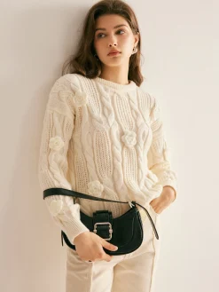 COMMENSE 3D Flower Cable-Knit Pullover Sweater* Sweater Tops|Sweaters & Cardigans