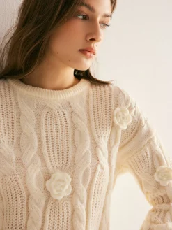 COMMENSE 3D Flower Cable-Knit Pullover Sweater* Sweater Tops|Sweaters & Cardigans