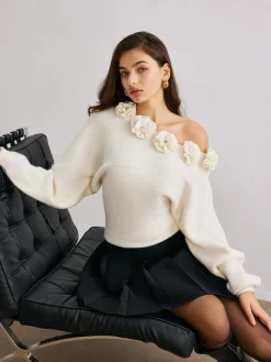 COMMENSE 3D Flower Cold-Shoulder Sweater* Sweater Tops|Sweaters & Cardigans