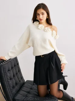 COMMENSE 3D Flower Cold-Shoulder Sweater* Sweater Tops|Sweaters & Cardigans
