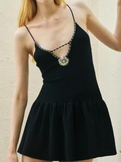 COMMENSE 3D Flower Pleated Cami Short Dress* Black Dresses|Casual Dresses