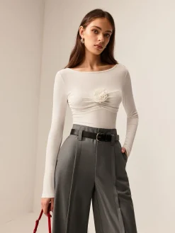 COMMENSE 3D Flower Pleated Long Sleeve T-Shirt* T-shirts|Tops