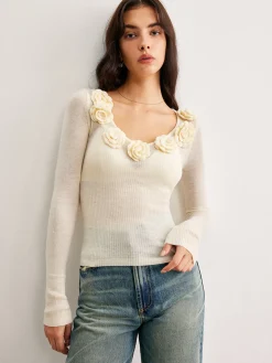 COMMENSE 3D Flower Semi-Sheer Knit Top* Sweater Tops|Sweaters & Cardigans