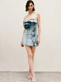 COMMENSE 3D Flower Strapless Denim Short Dress* Denim|Dresses