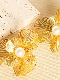 COMMENSE 3D Metal Flower Pearl Earrings* Earrings|Accessories