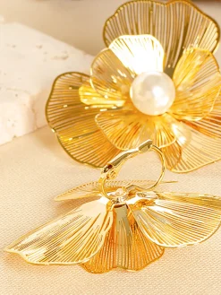 COMMENSE 3D Metal Flower Pearl Earrings* Earrings|Accessories