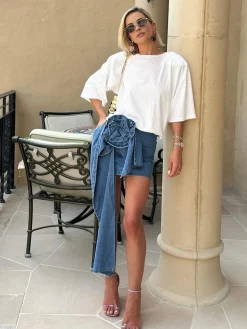 COMMENSE 3D Rose Flower Denim A Line Short Skirt* Skirts|Denim