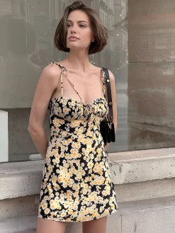 COMMENSE Daisy Printed Floral Short Dress* Black Dresses|Floral Dresses