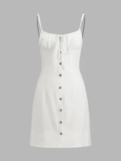 COMMENSE Darling Linen Plain Mini Dress* White Dresses|Black Dresses