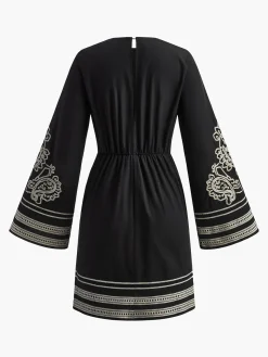 COMMENSE Delicate Embroidery Bell Sleeve Short Dress* Black Dresses|Casual Dresses