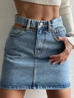 COMMENSE Denim High Waist Cut Out Short Skirt* Skirts|Denim