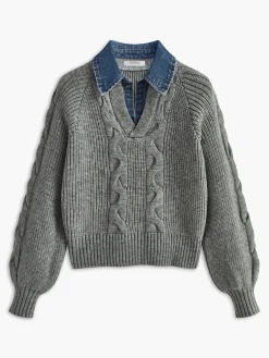 COMMENSE Denim Panel Ribbed Lapel Sweater* Sweater Tops|Sweaters & Cardigans