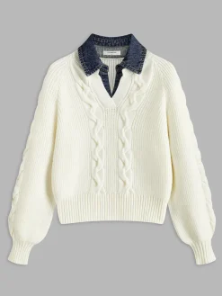 COMMENSE Denim Panel Ribbed Lapel Sweater* Sweater Tops|Sweaters & Cardigans