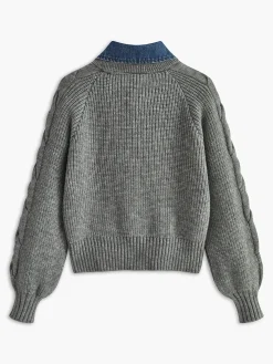 COMMENSE Denim Panel Ribbed Lapel Sweater* Sweater Tops|Sweaters & Cardigans