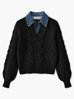 COMMENSE Denim Panel Ribbed Lapel Sweater* Sweater Tops|Sweaters & Cardigans