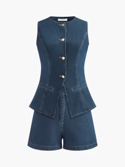 COMMENSE Denim Peplum Vest With Shorts Set* Shorts Sets|Shorts