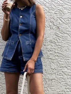 COMMENSE Denim Peplum Vest With Shorts Set* Shorts Sets|Shorts