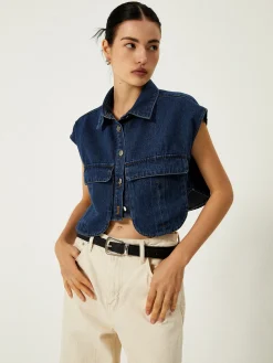 COMMENSE Denim Pockets Turn Down Collar Vest* Outerwear|Vests