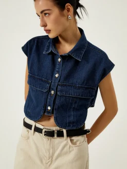 COMMENSE Denim Pockets Turn Down Collar Vest* Outerwear|Vests