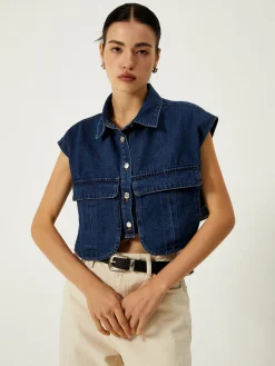 COMMENSE Denim Pockets Turn Down Collar Vest* Outerwear|Vests
